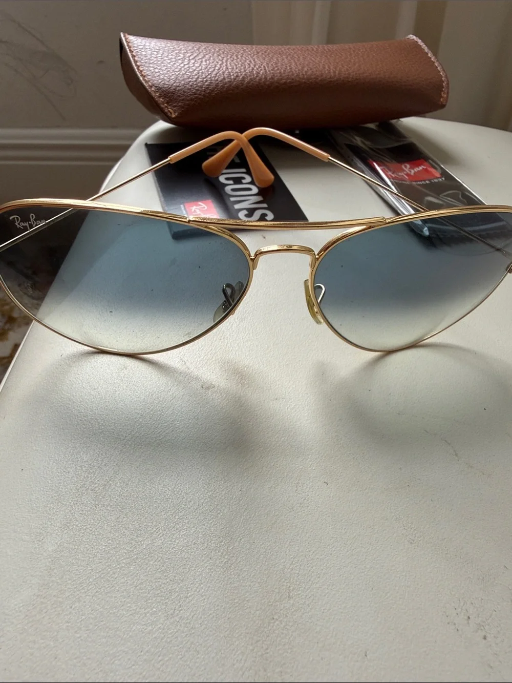 Ray-Ban Gold Frame Sunglasses with Blue Gradient Lenses and Brown Case - Picture 9 of 12